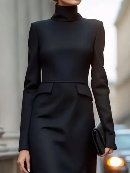 Women's Urban Solid Black Long Sleeve Slim Fit Maxi Dress – High Neck Pleated Dress