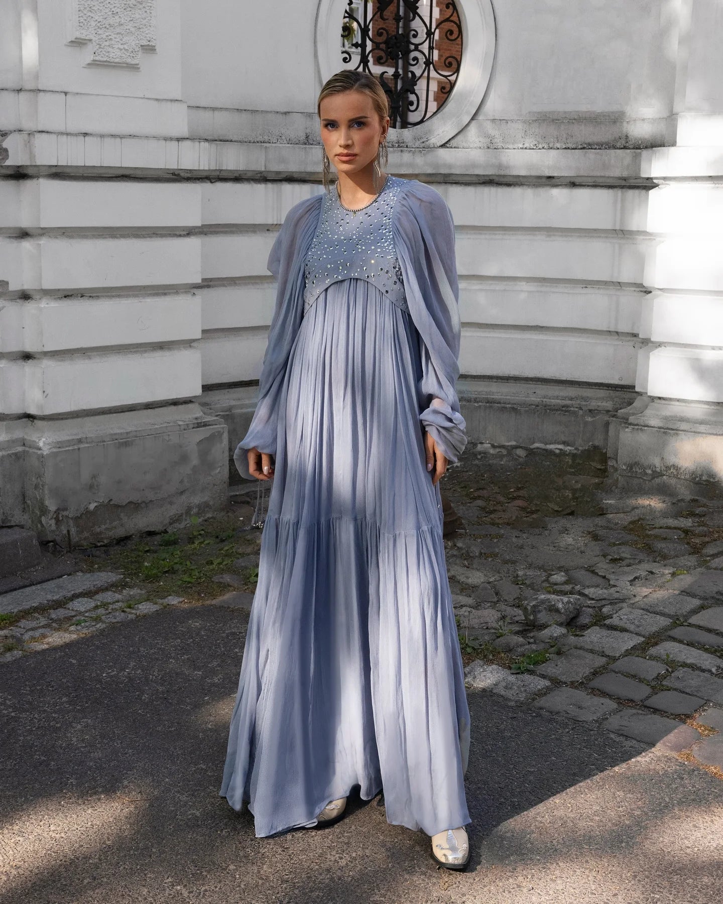 Pleated Puff Sleeve Maxi Dress – V-Neck, A-Line Silhouette