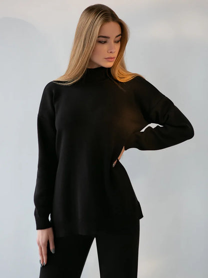 Knitted 2-Piece Suit – Half Turtleneck Sweater & Wide Leg Pants Set