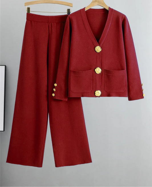 Knitted 2-Piece Set – V-Neck Cardigan Top & High Waist Wide Leg Pants