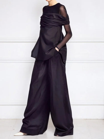 Pant Sets Two-Piece Set – See-Through Blouse & Wide Leg Pocket Loose Pants