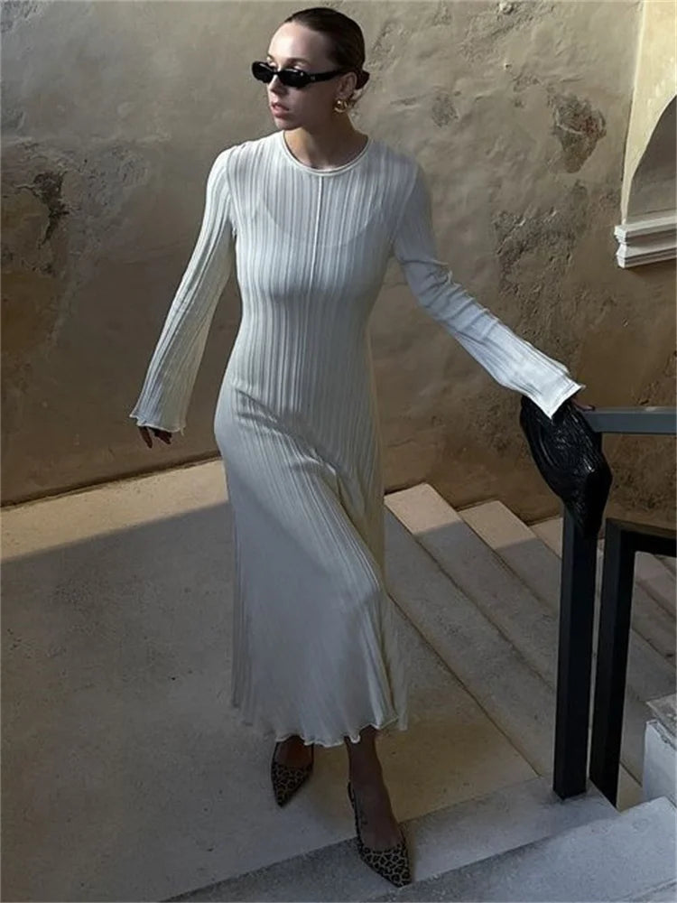 Loose Maxi Dress for Women – Lace-Up High Waist Ribbed Long Sleeve Knit Bandage Dress