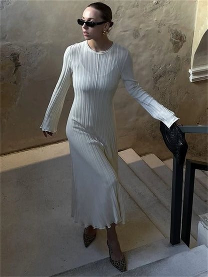 Loose Maxi Dress for Women – Lace-Up High Waist Ribbed Long Sleeve Knit Bandage Dress