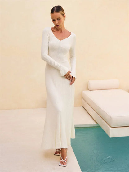 V-Neck Ribbed Knitwear Ruffled Slim Bodycon Maxi Dress