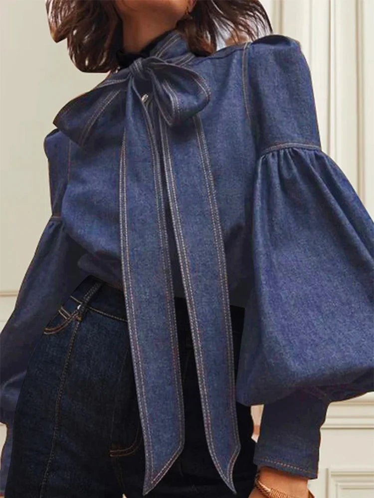 Elegant Puff Sleeve Denim Blouse