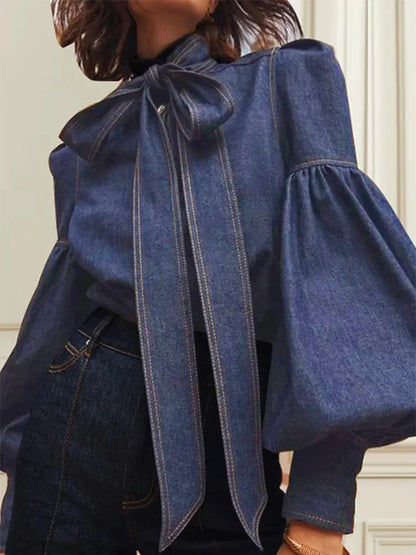 Elegant Puff Sleeve Denim Blouse