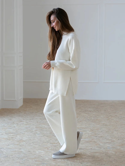 Knitted 2-Piece Suit – Half Turtleneck Sweater & Wide Leg Pants Set