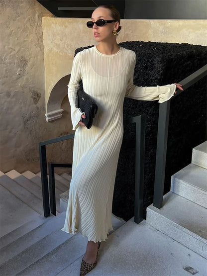 Loose Maxi Dress for Women – Lace-Up High Waist Ribbed Long Sleeve Knit Bandage Dress