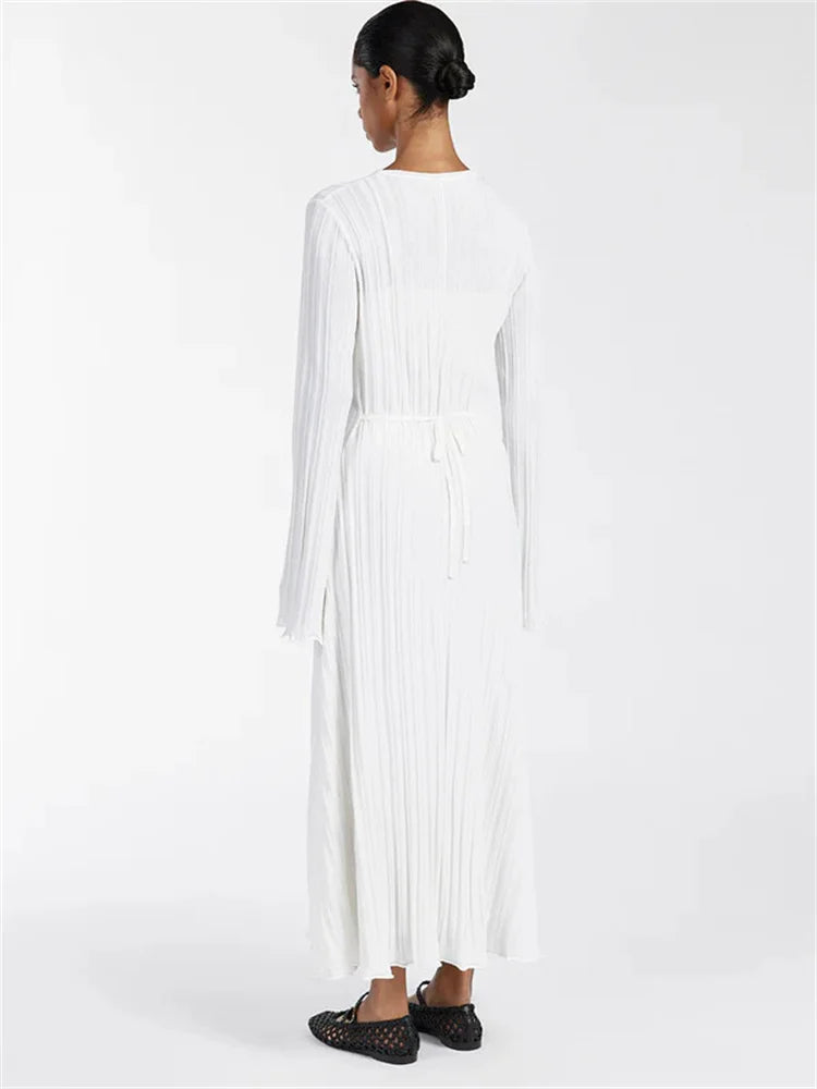 Loose Maxi Dress for Women – Lace-Up High Waist Ribbed Long Sleeve Knit Bandage Dress