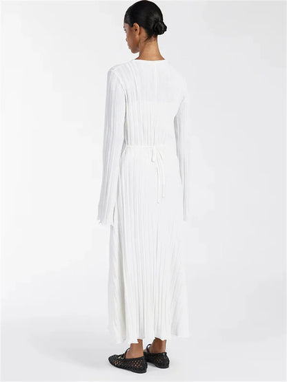 Loose Maxi Dress for Women – Lace-Up High Waist Ribbed Long Sleeve Knit Bandage Dress