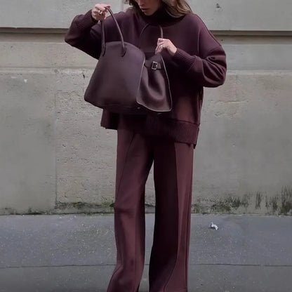 Knitted Solid Women Sweater Set – High Waist Wide Leg Pants & Casual High Collar Pullover Suit
