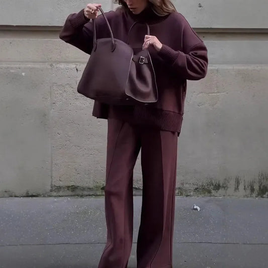 Knitted Solid Women Sweater Set – High Waist Wide Leg Pants & Casual High Collar Pullover Suit