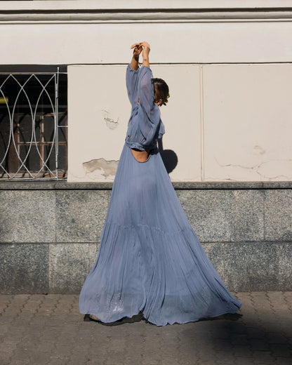 Pleated Puff Sleeve Maxi Dress – V-Neck, A-Line Silhouette