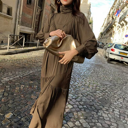 Long Sleeve A-Line Dress – Mid-Long Loose Turtleneck Dress
