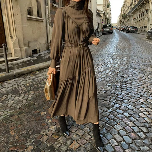 Long Sleeve A-Line Dress – Mid-Long Loose Turtleneck Dress