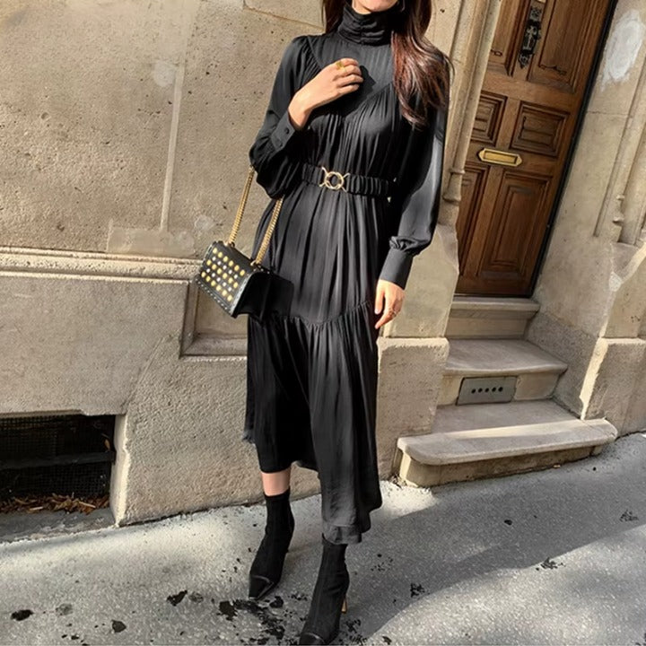 Long Sleeve A-Line Dress – Mid-Long Loose Turtleneck Dress